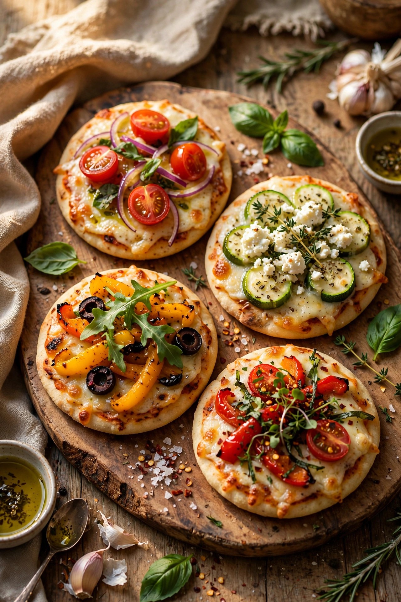Mini flatbread pizzas with colorful toppings on a wooden board