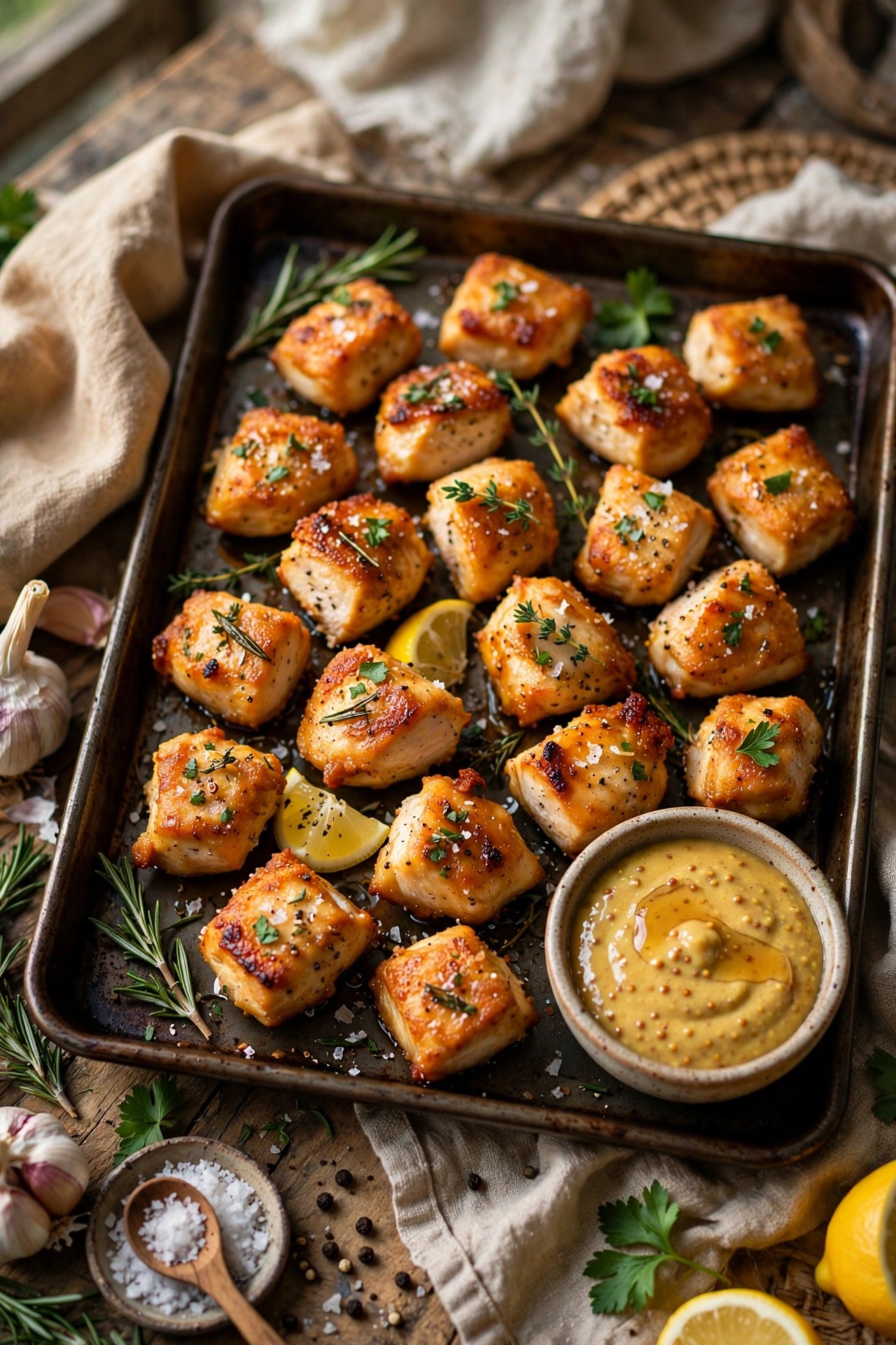 Golden sheet-pan chicken bites with honey mustard dip