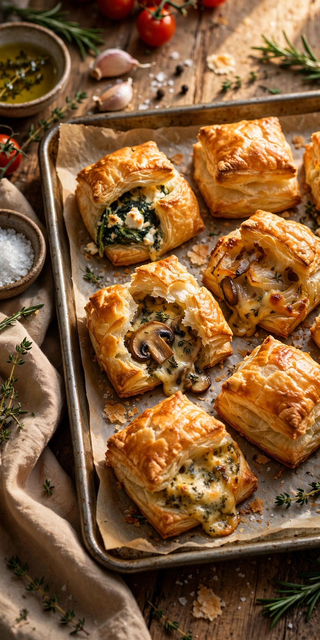 Golden puff pastry bites with savory fillings on a baking tray