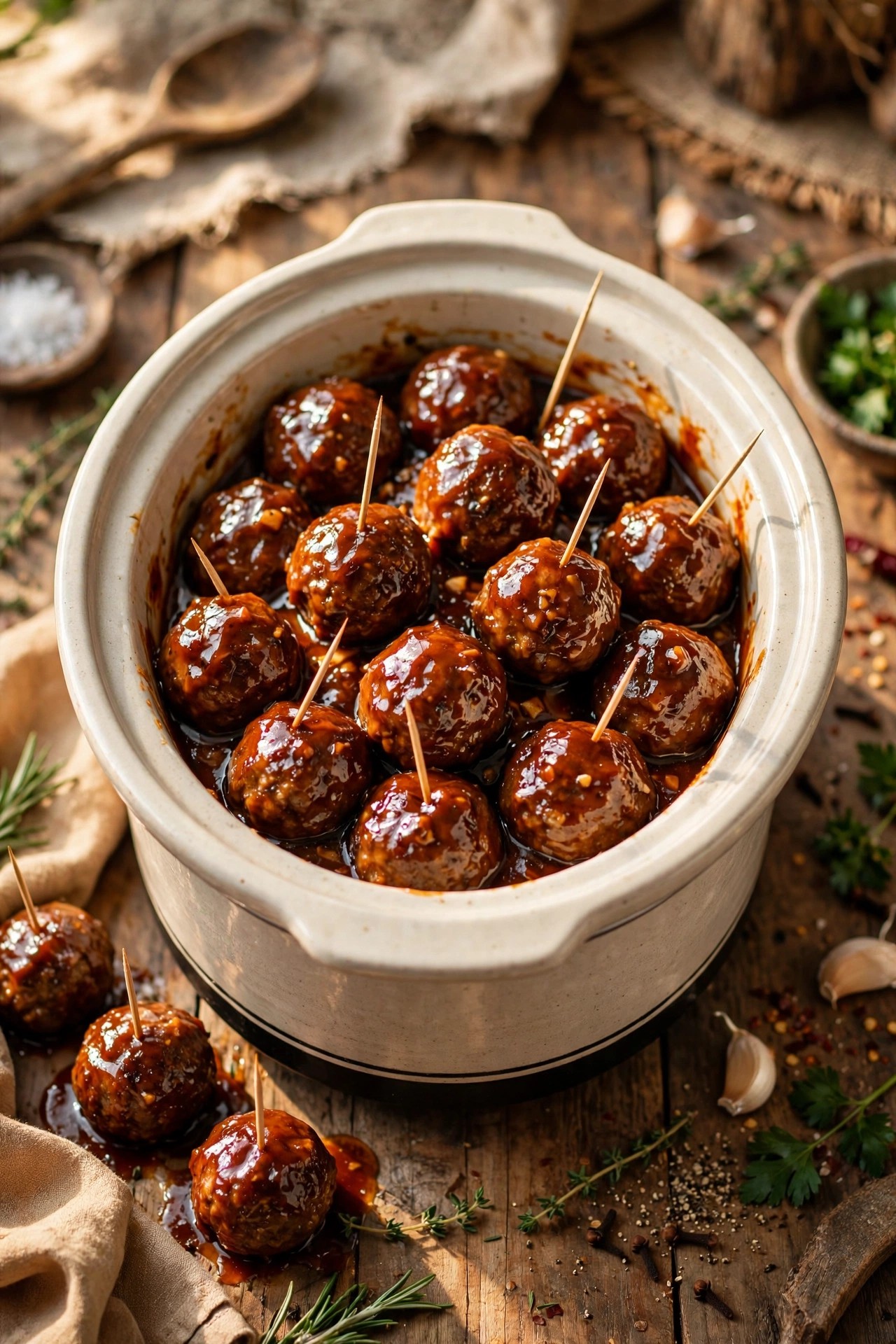 Slow cooker meatballs in glossy glaze served with toothpicks