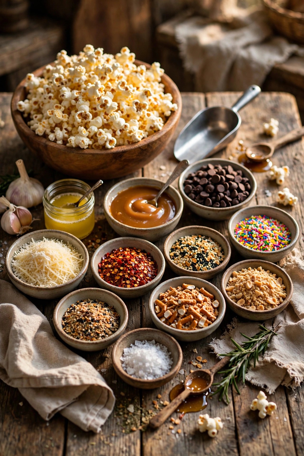Popcorn bar with bowls of flavored toppings in a cozy living room