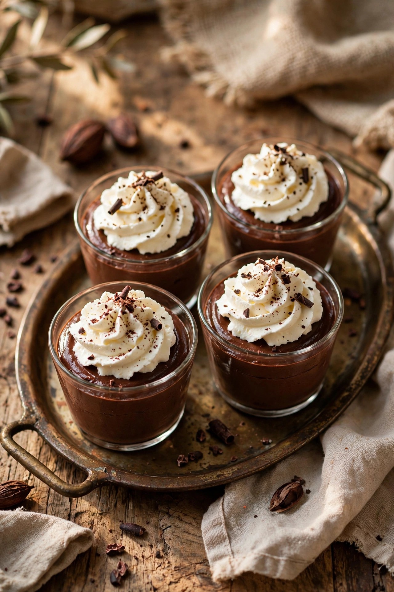 Small chocolate mousse cups topped with cream on a tray