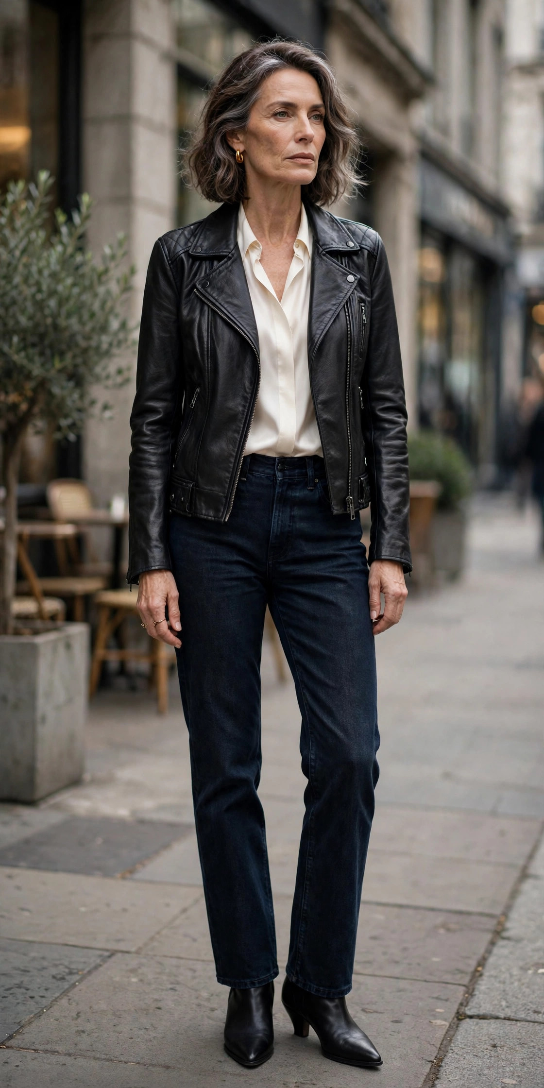 Woman over 50 in black moto jacket, ivory silk blouse and dark jeans