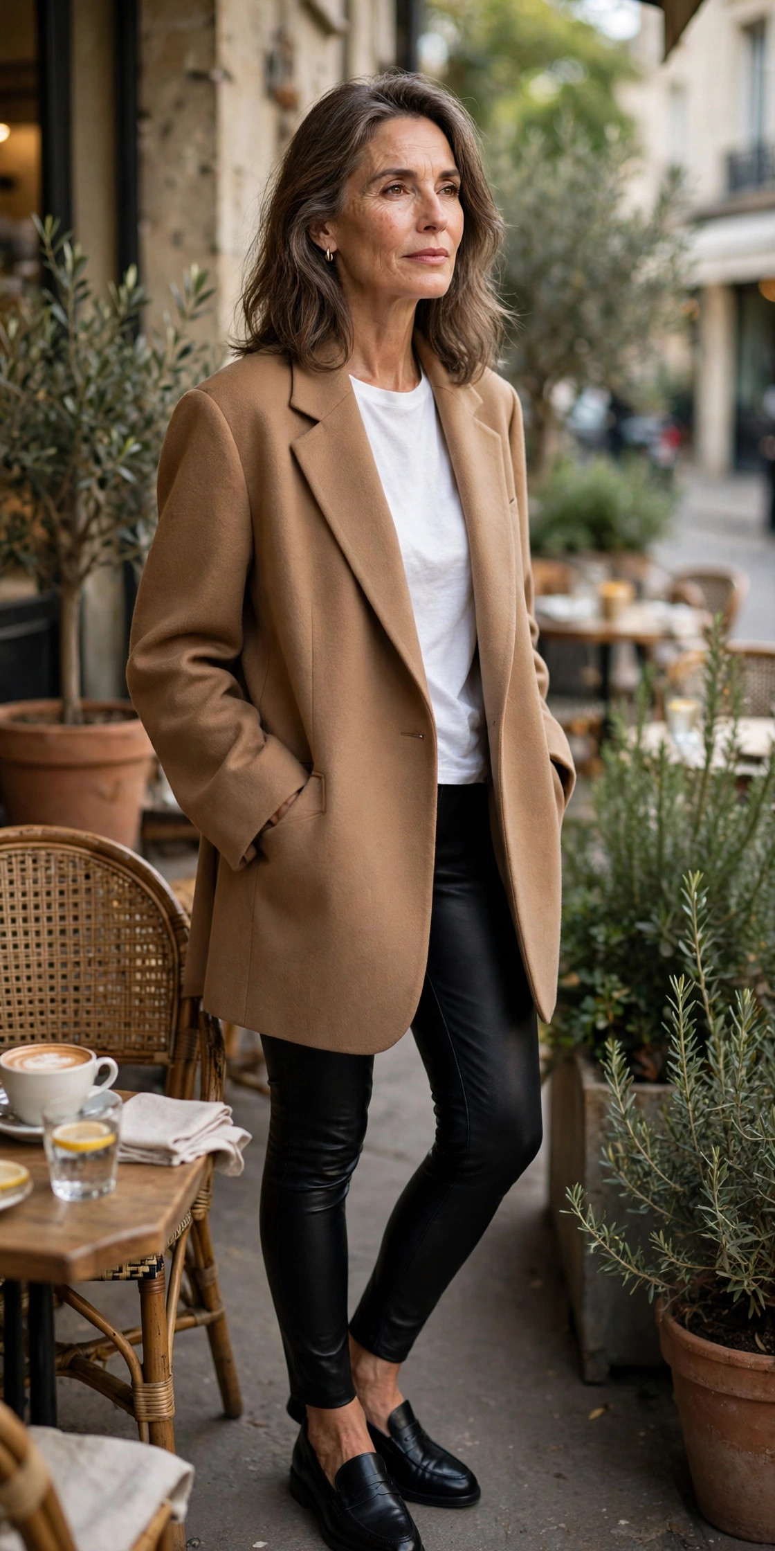 Woman over 50 in faux-leather leggings with oversized camel blazer