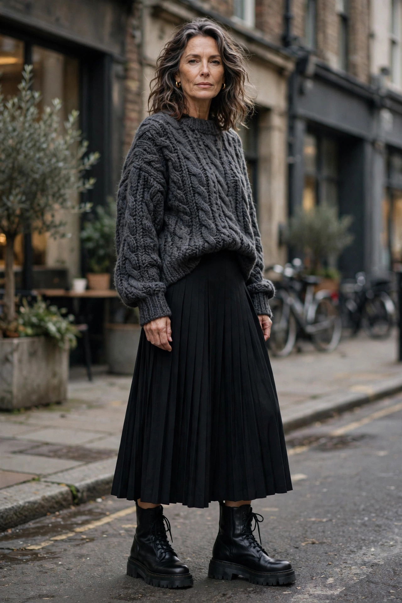 Woman over 50 in lug-sole boots, black midi skirt and charcoal sweater