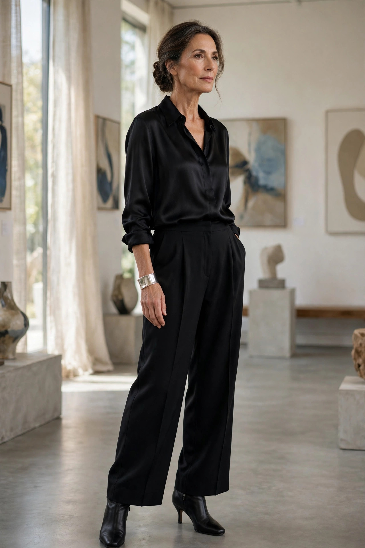 Woman over 50 in all-black silk blouse and wide-leg trousers