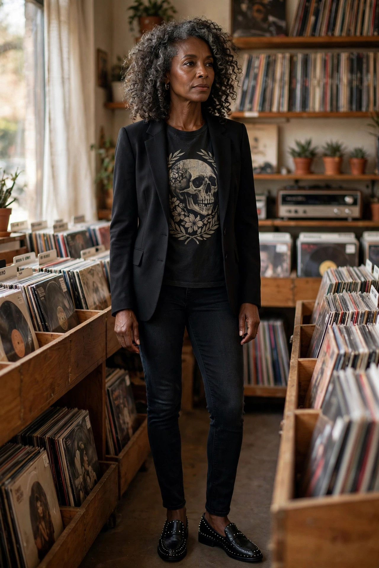 Woman over 50 in graphic band tee with tailored black blazer