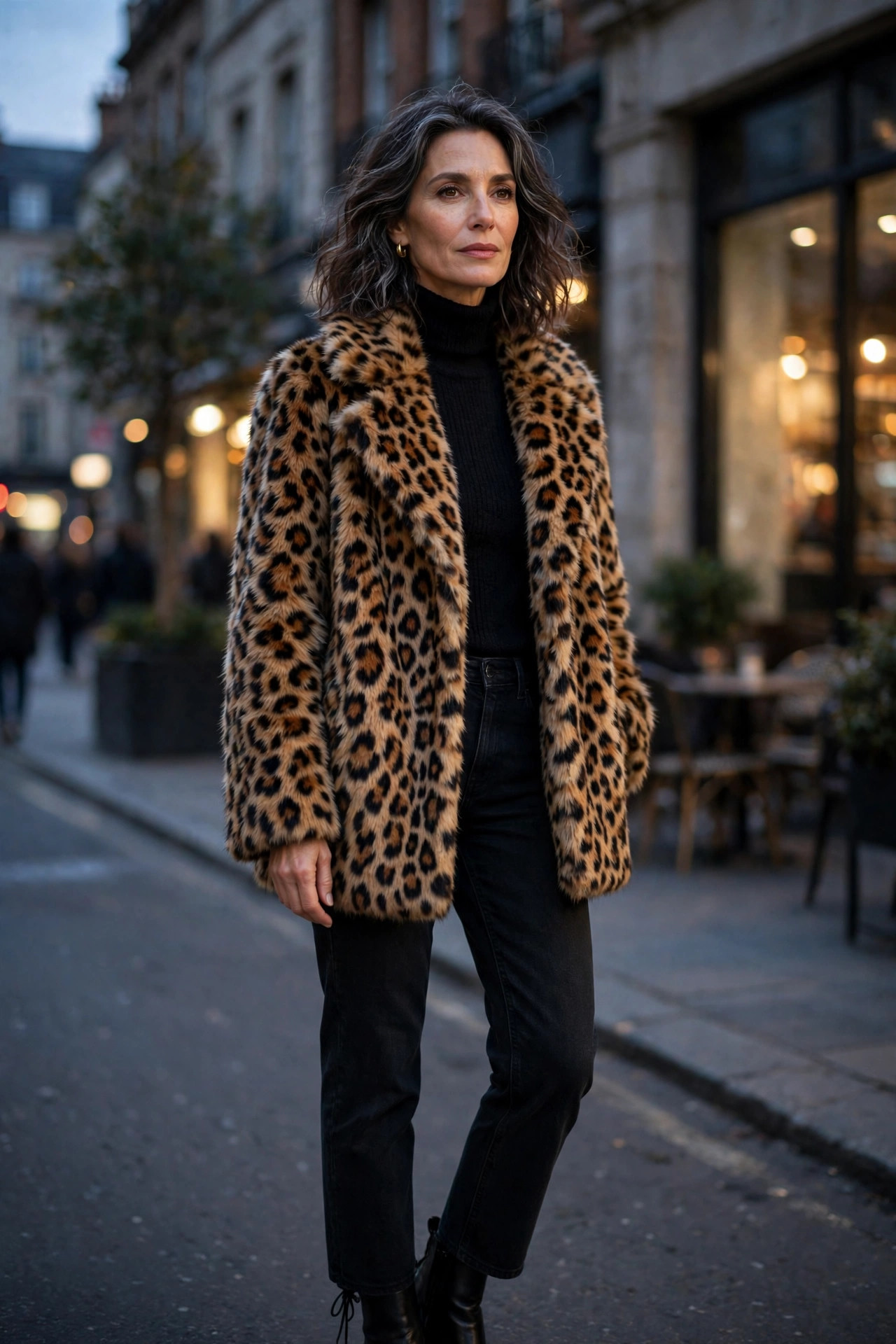 Woman over 50 in leopard faux-fur coat over an all-black outfit