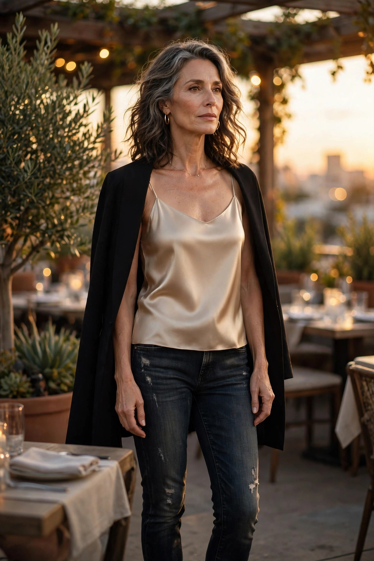 Woman over 50 in distressed dark jeans with silk camisole and blazer