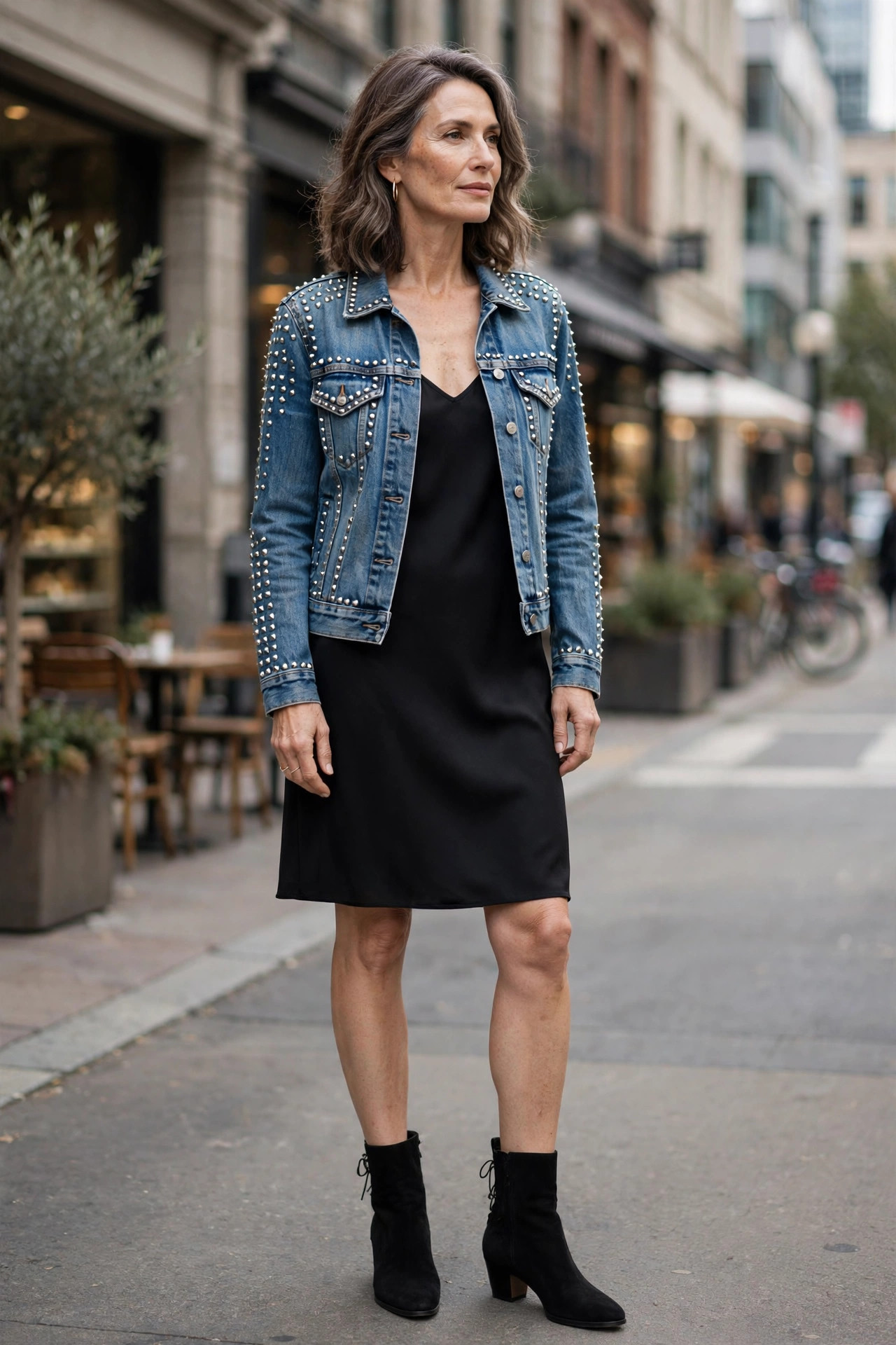 Woman over 50 in studded denim jacket over a black slip dress