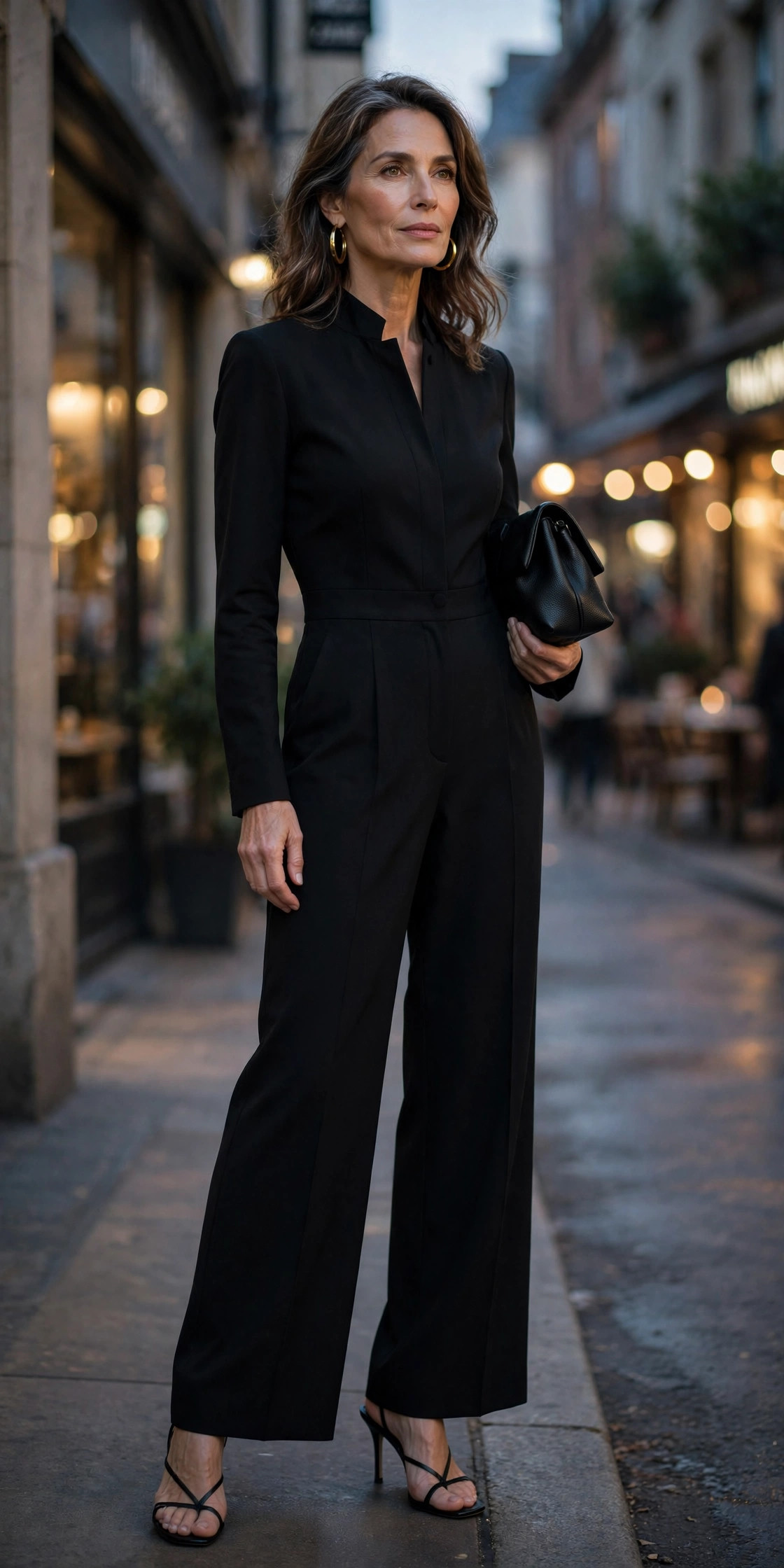 Woman over 50 in black wide-leg jumpsuit with gold hoop earrings
