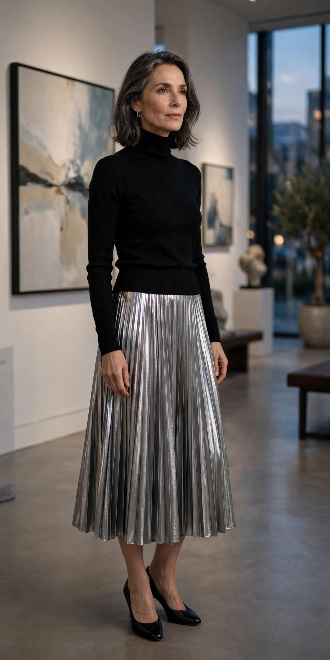 Woman over 50 in metallic silver pleated midi skirt with black turtleneck