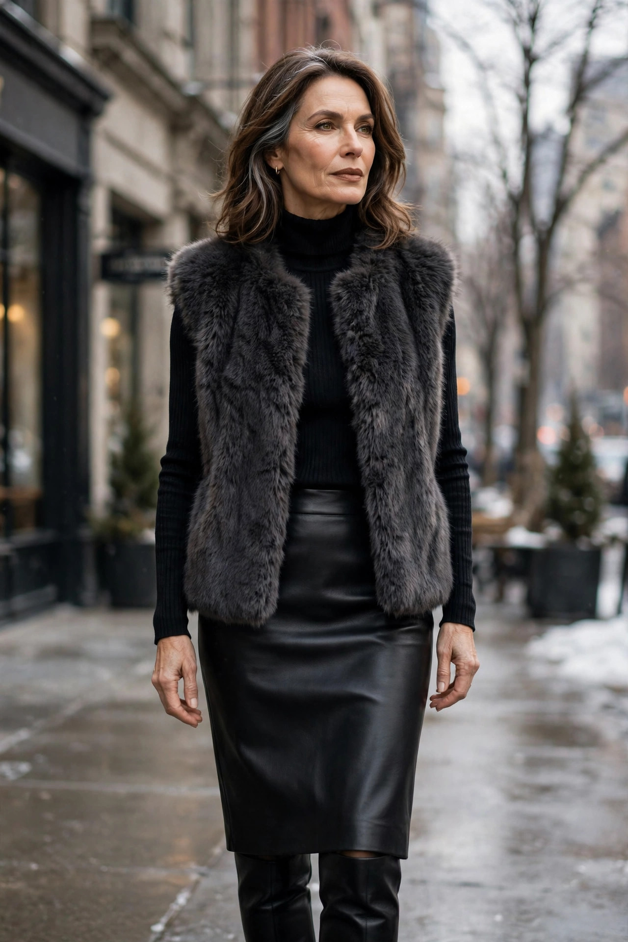 Woman over 50 in faux-fur vest with black leather pencil skirt