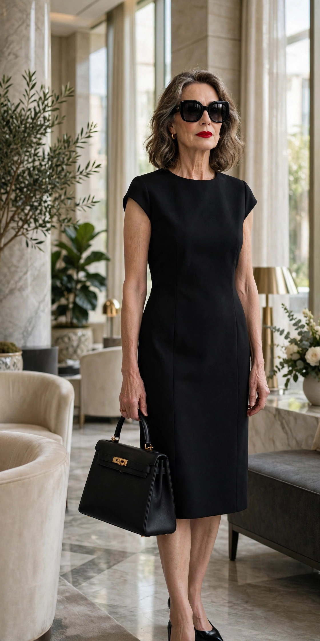 Woman over 50 in black shift dress with oversized sunglasses
