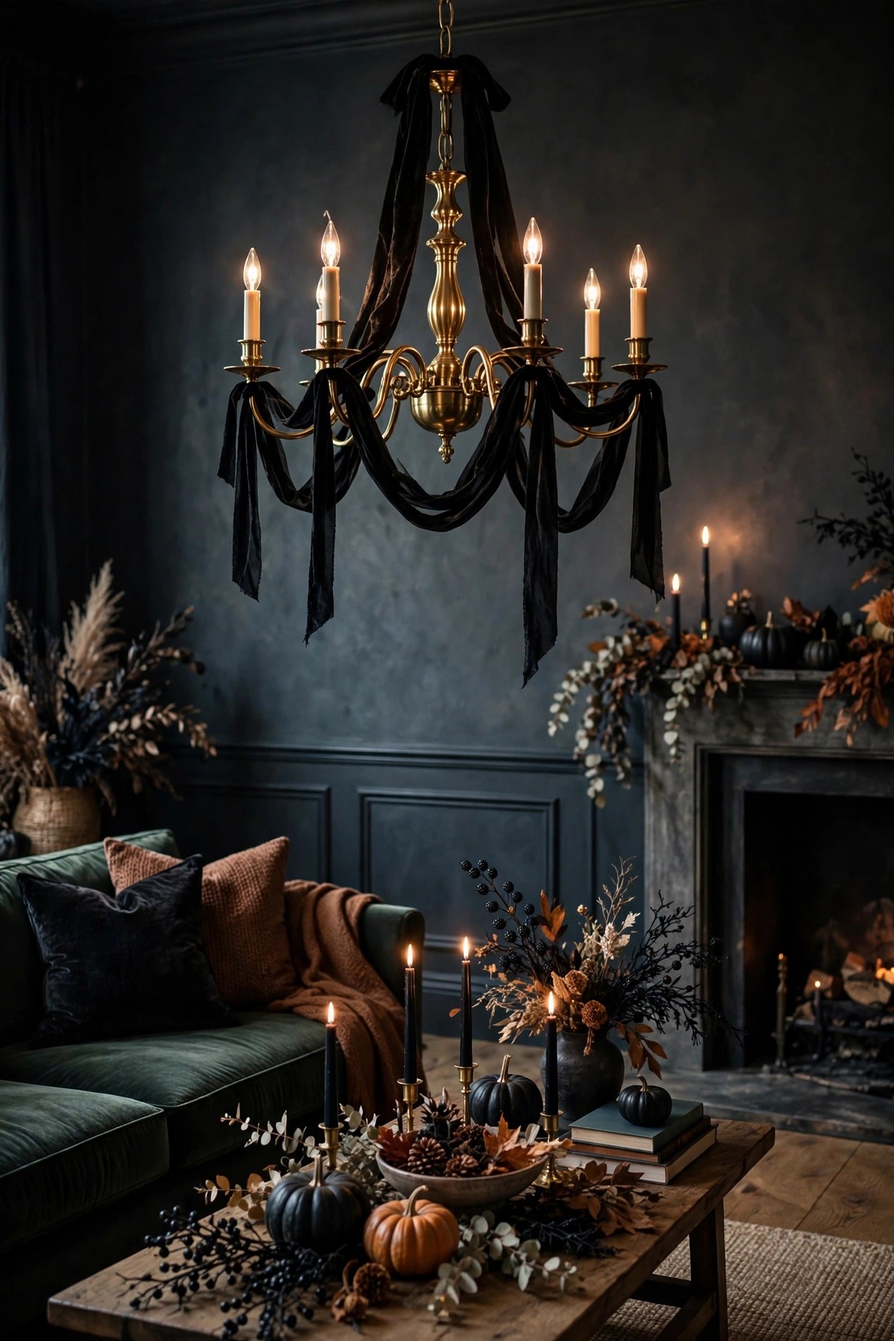 Elegant living room chandelier draped with black velvet ribbon for Halloween