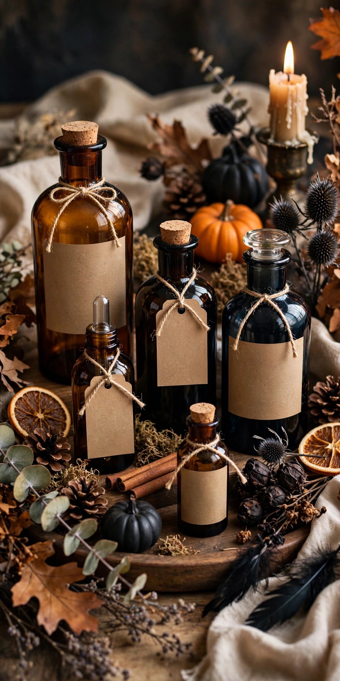 Collection of vintage amber and dark glass apothecary bottles styled for elegant Halloween decor