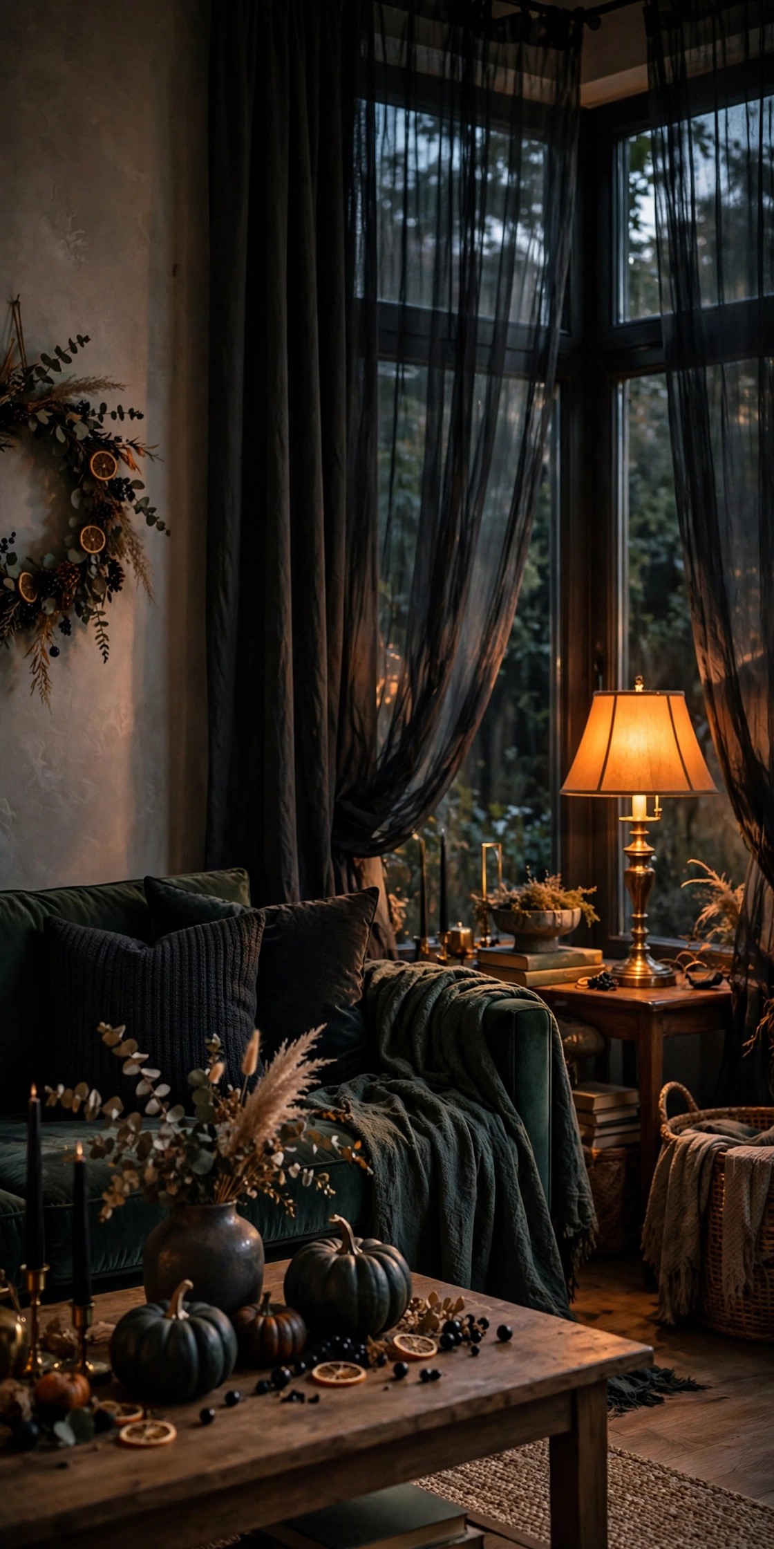Living room windows with sheer black curtains layered over drapes for moody Halloween elegance