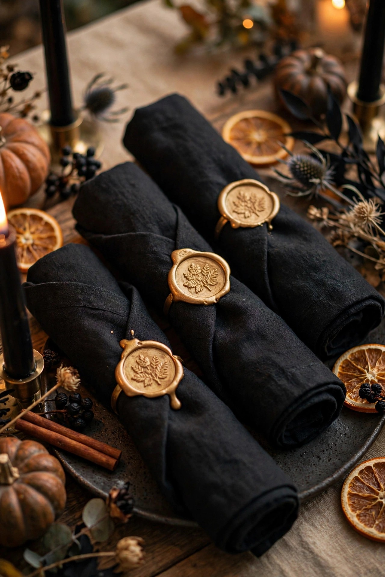 Black linen napkins with gold wax seals for elegant Halloween dinner party