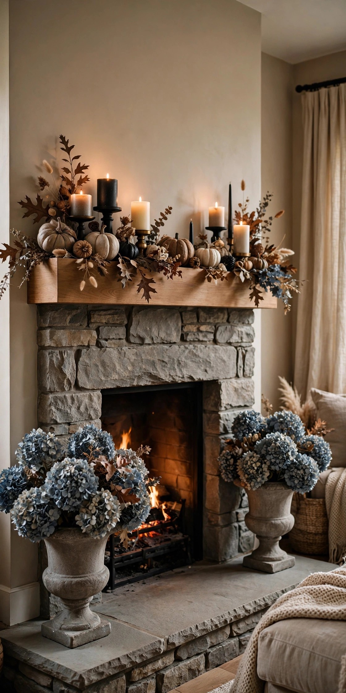 Pair of urns with dried hydrangeas flanking a fireplace for elegant Halloween mantel decor