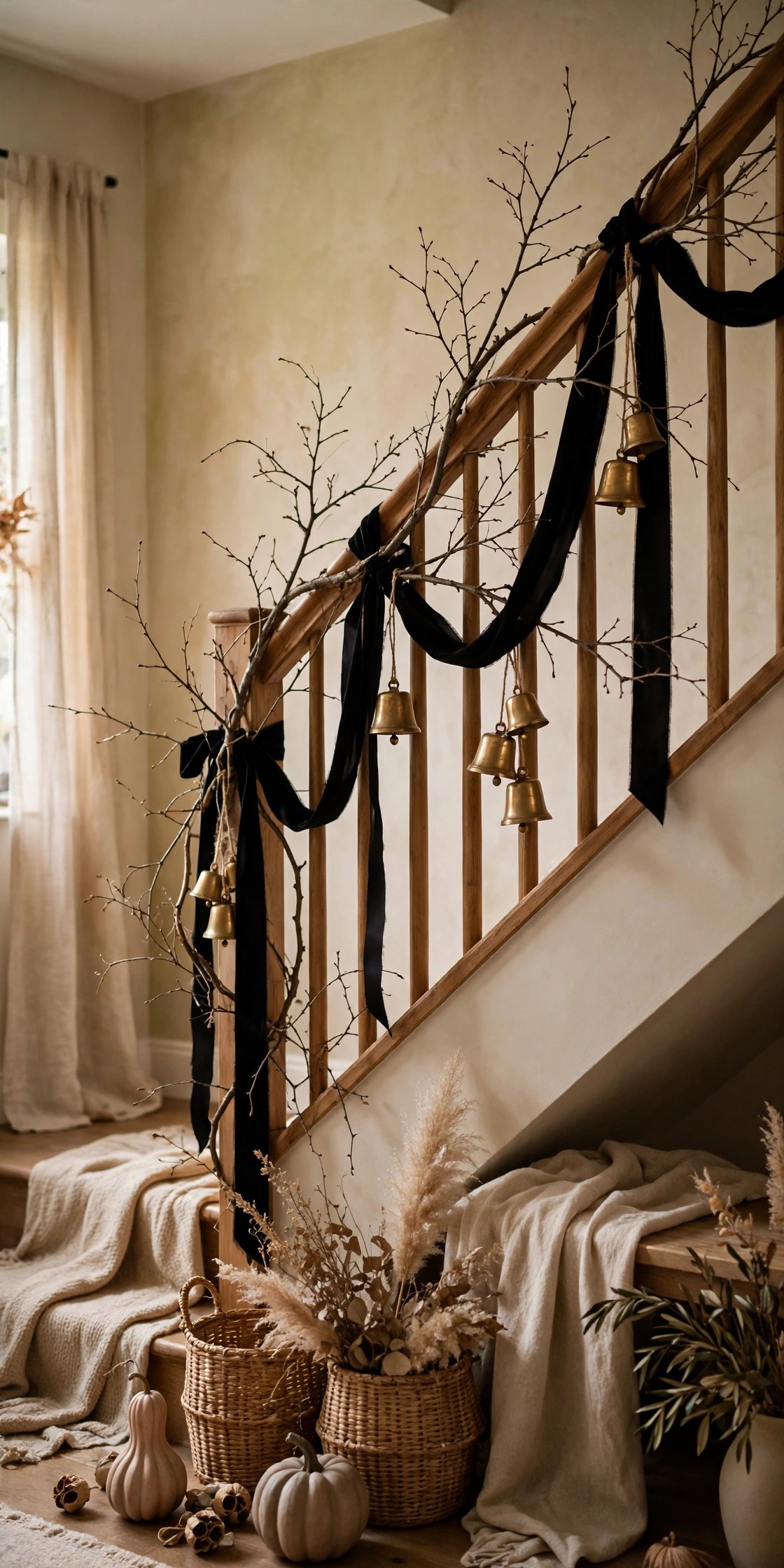 Staircase banister decorated with dark branches and black ribbon for elegant Halloween