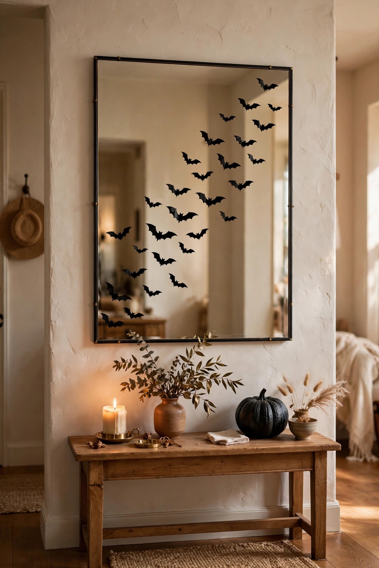 Entryway mirror with small black bat decals flying across it for elegant Halloween decor