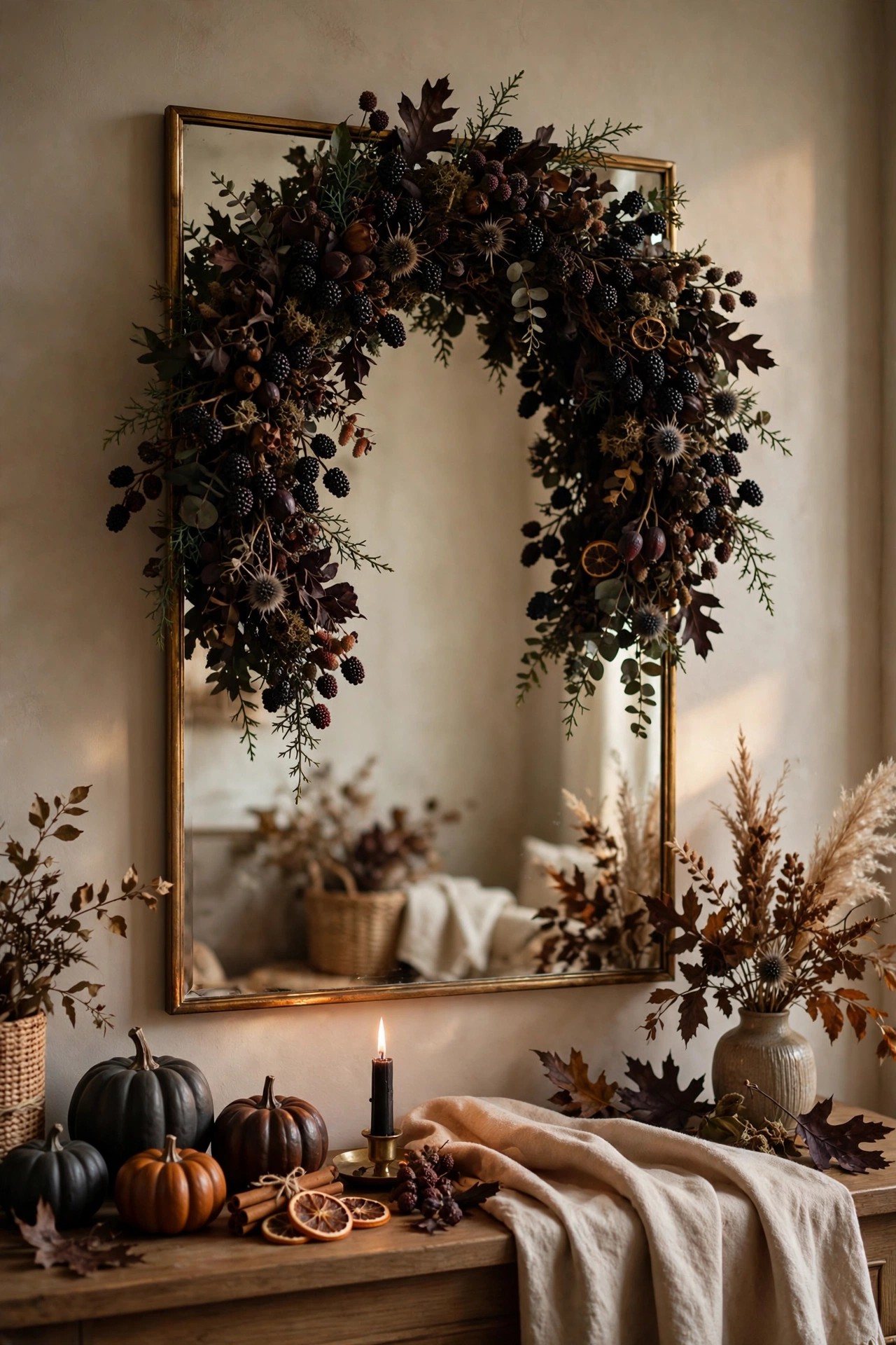 Dark berry wreath hung on an interior mirror for elegant Halloween decor