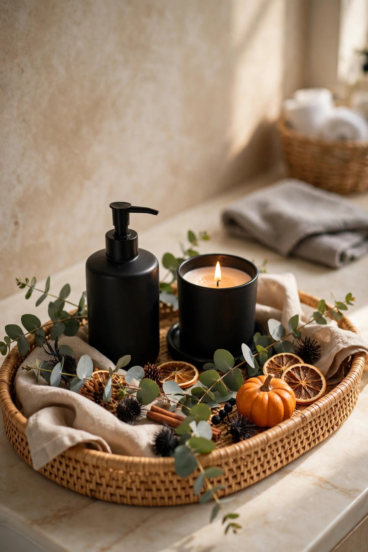 Elegant bathroom tray with black soap candle and eucalyptus for Halloween