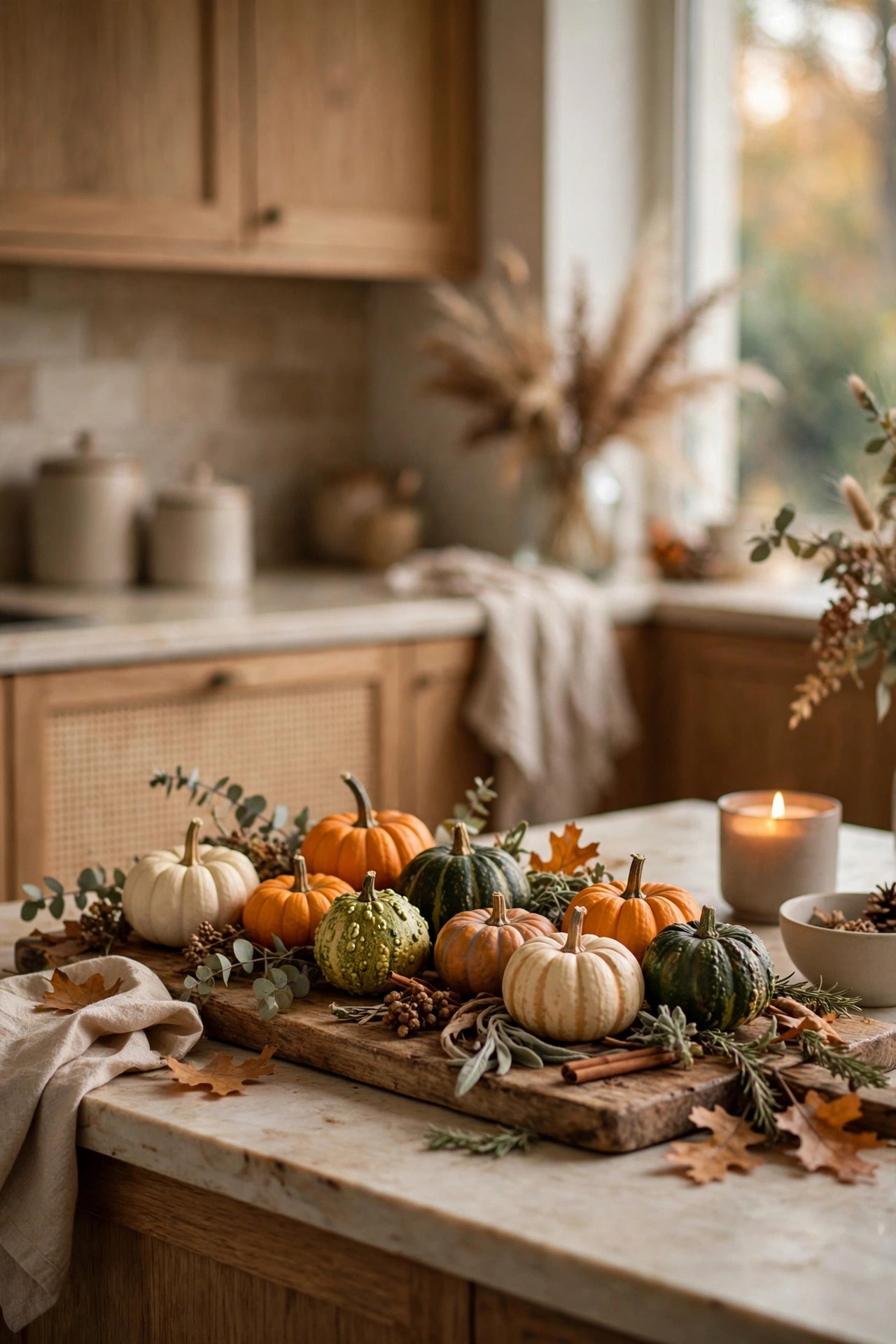 Kitchen counter with wooden board of mini pumpkins and gourds for elegant fall Halloween decor