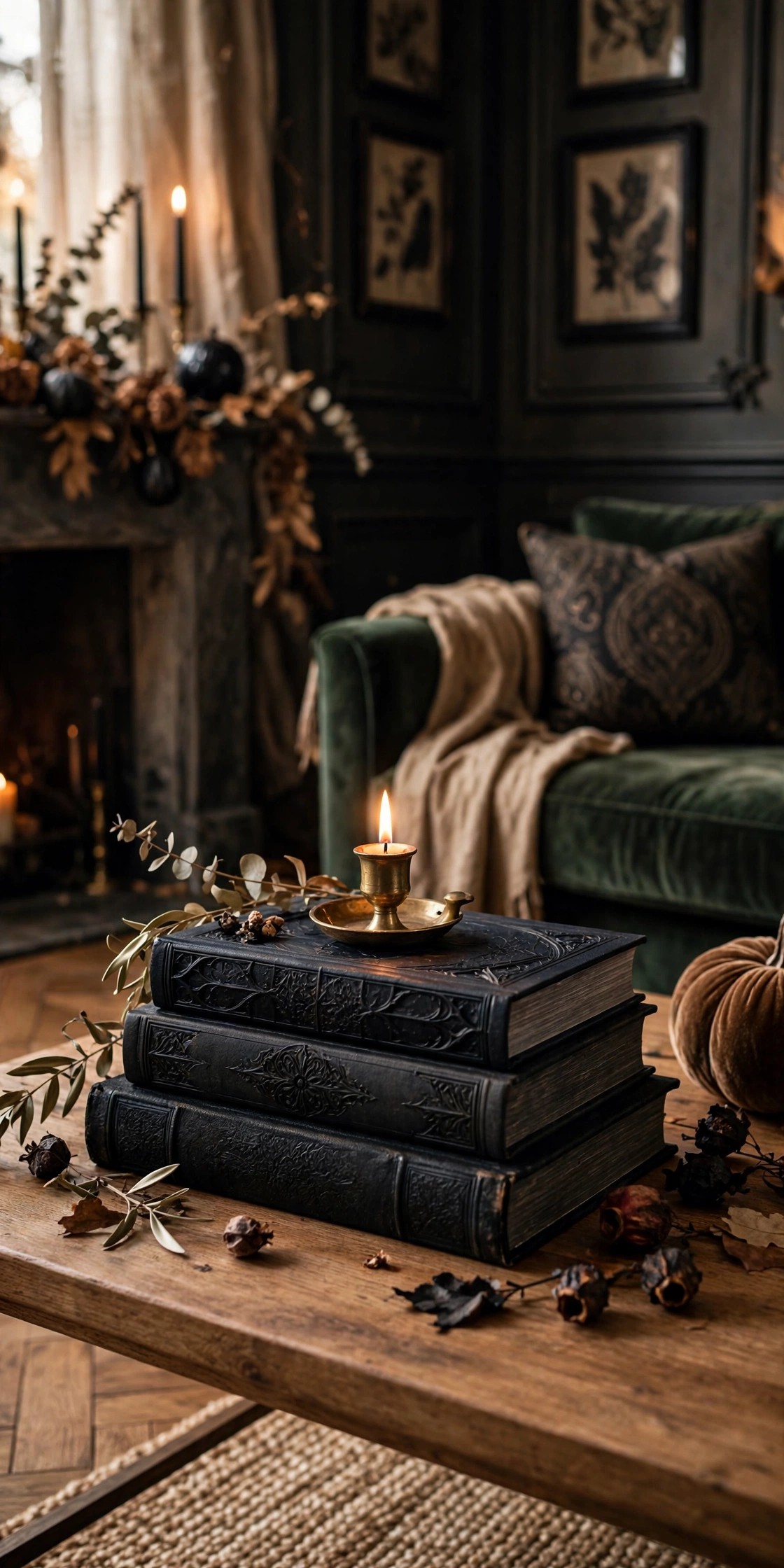 Stack of gothic coffee table books with a small candle for elegant Halloween decor