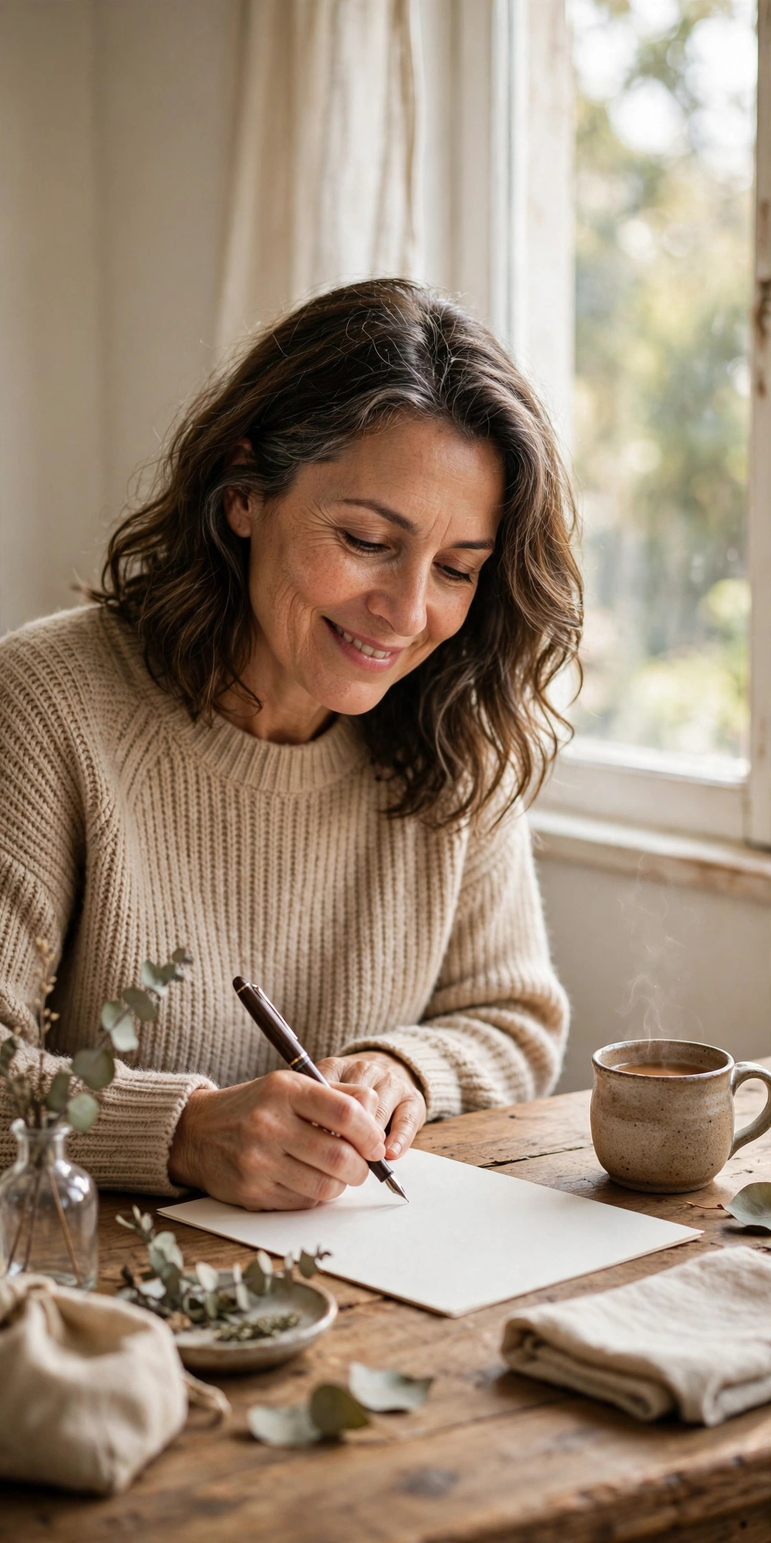 Woman in her 50s writing a heartfelt letter at a desk by a window