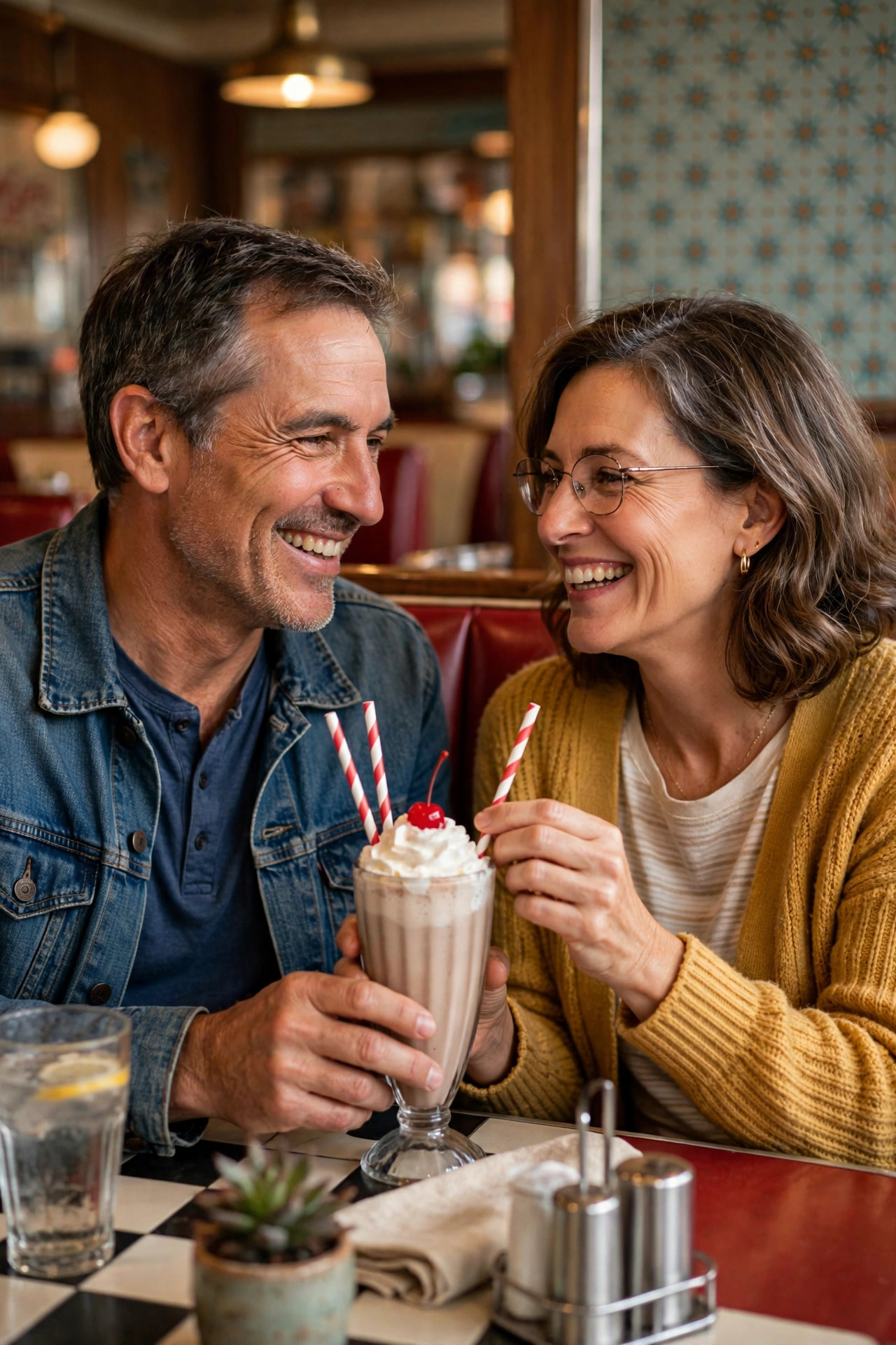 Couple in their 50s recreating their first date at a cozy retro diner