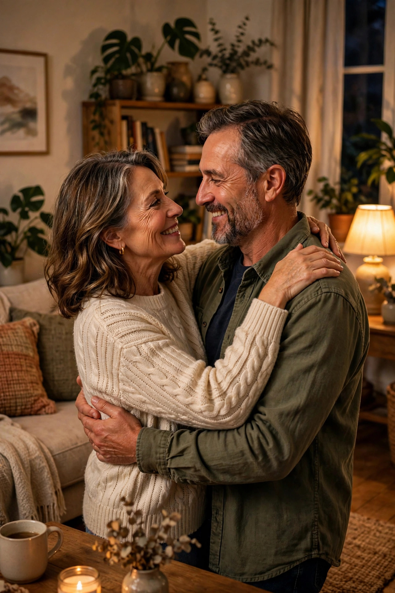 Couple in their 50s dancing slowly in their living room to their favorite songs