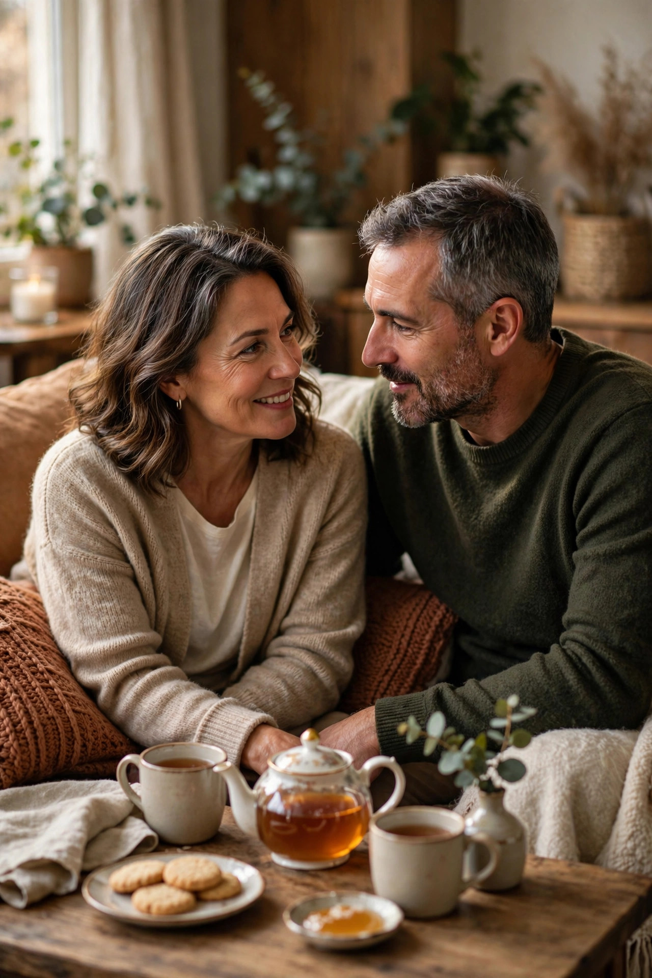 Couple in their 50s having a warm heart-to-heart talk over tea on a sofa
