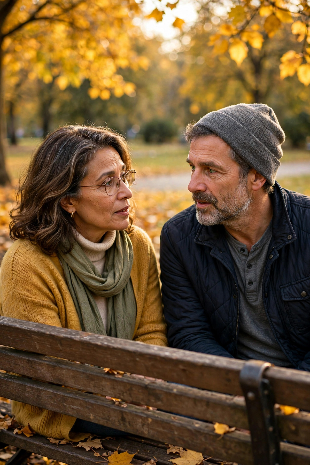 Couple in their 50s asking each other thoughtful questions on a park bench