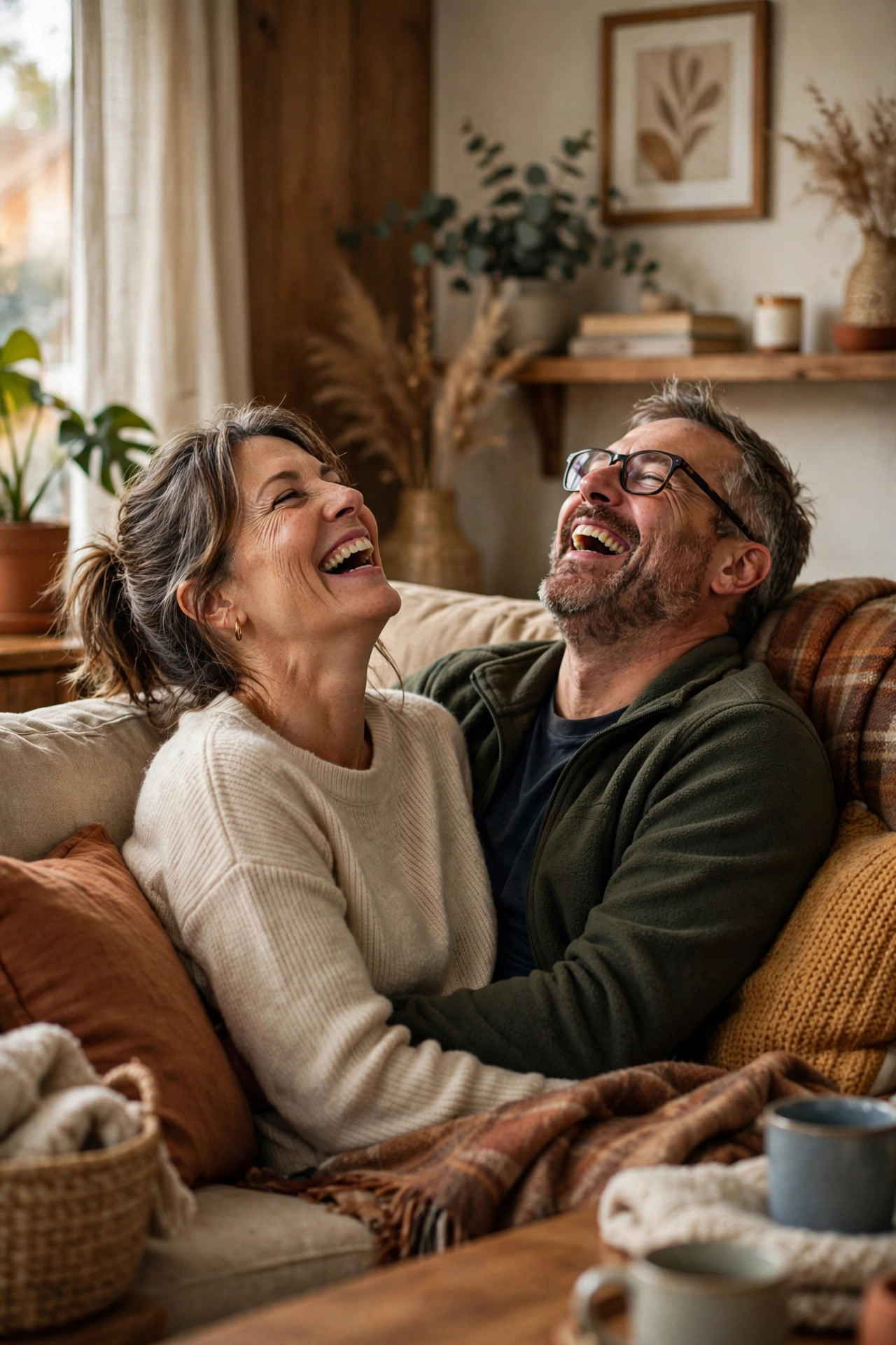 Couple in their 50s laughing together heartily on a couch