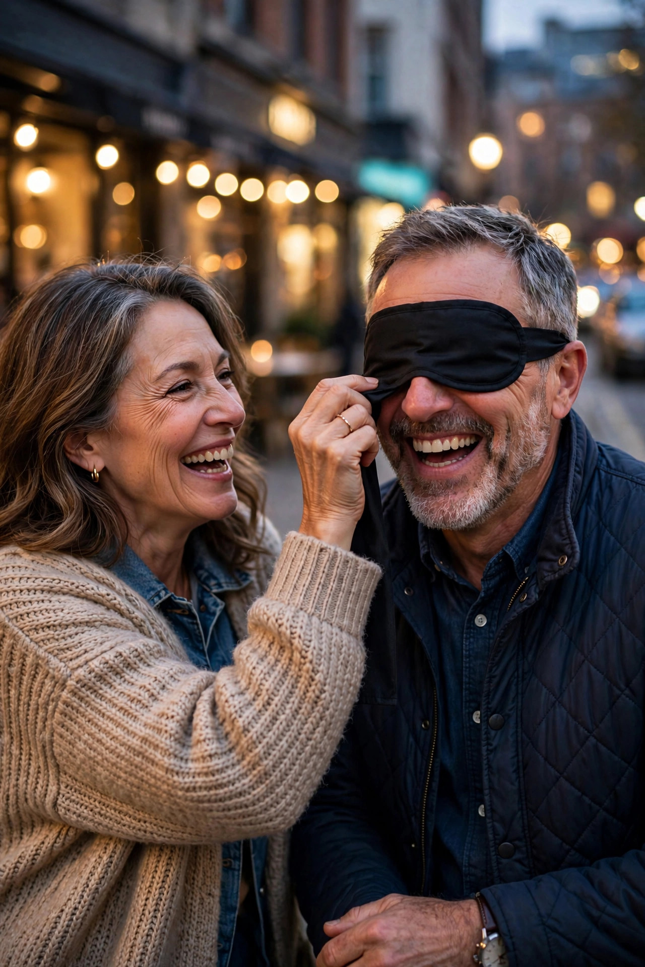 Woman in her 50s surprising her husband with a blindfolded mystery date night