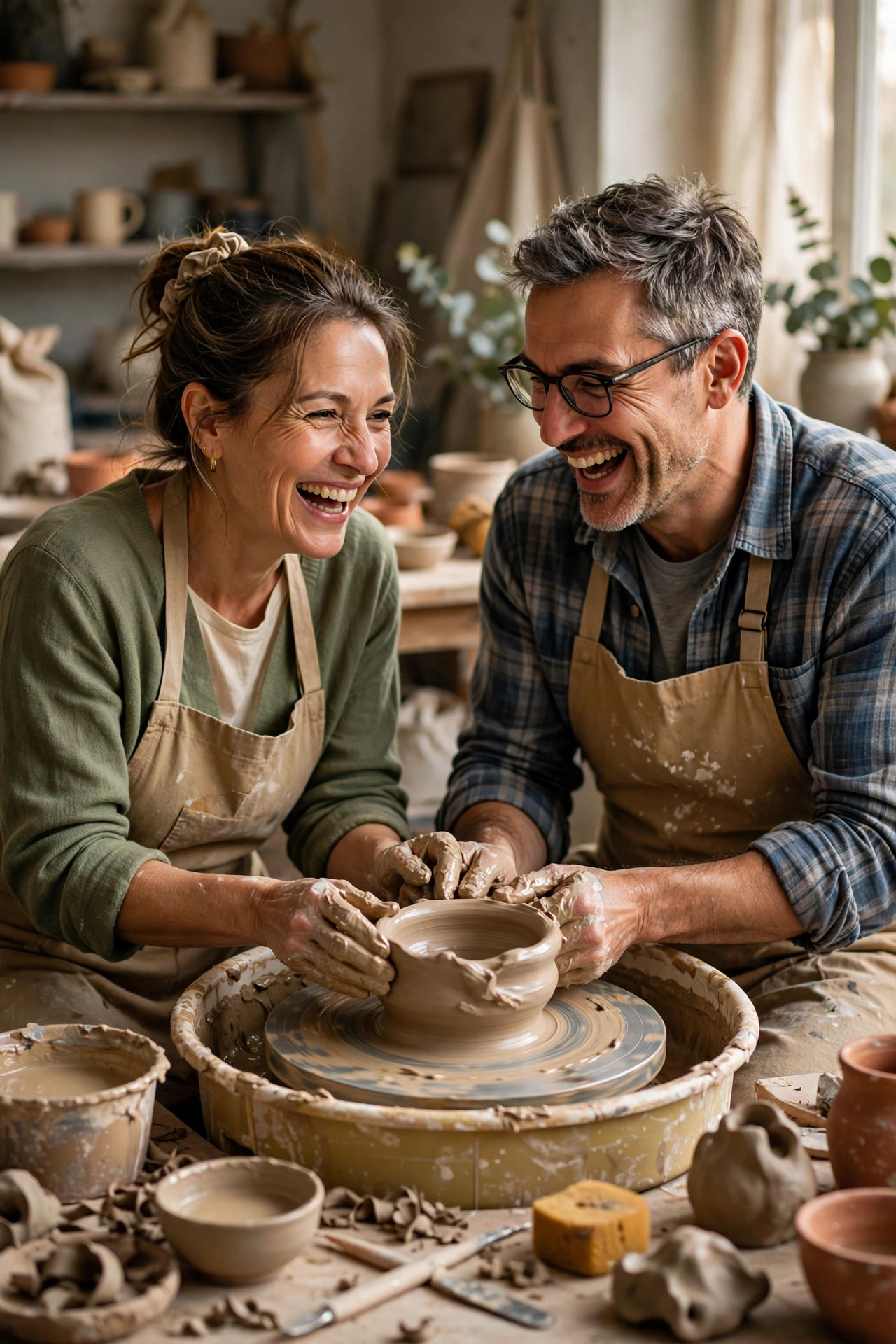 Couple in their 50s learning pottery together in a beginner art class