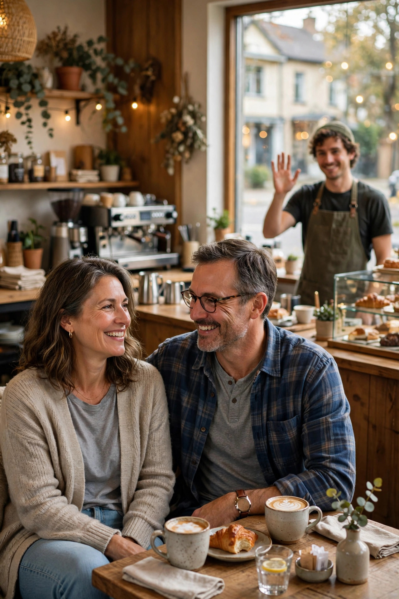 Couple in their 50s as happy regulars at a cozy neighborhood cafe