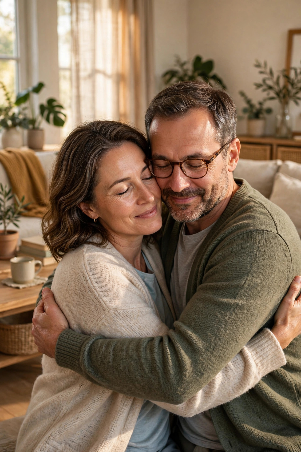 Couple in their 50s making up after a disagreement with a tender hug