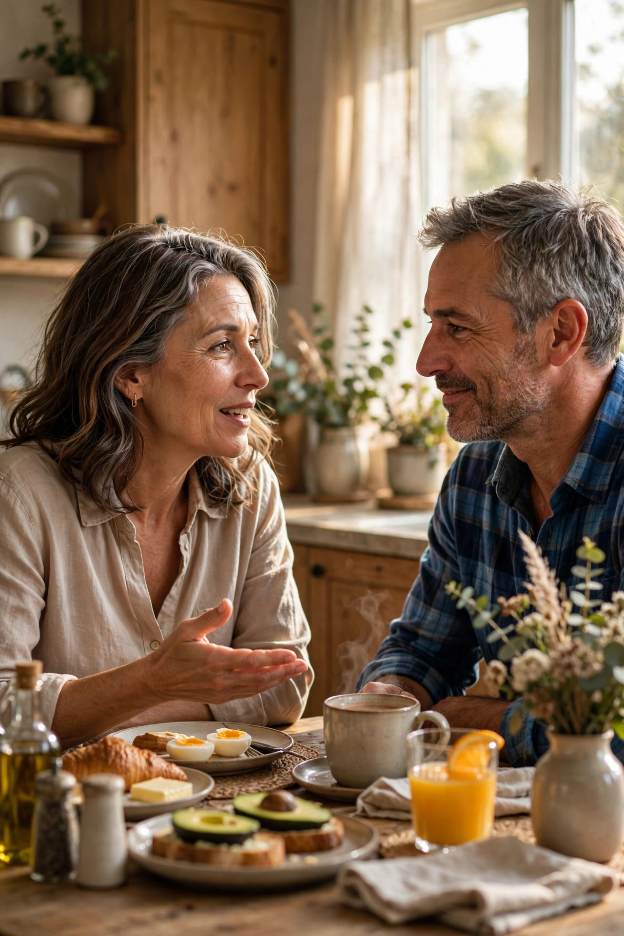 Woman in her 50s telling her husband something she appreciates about him