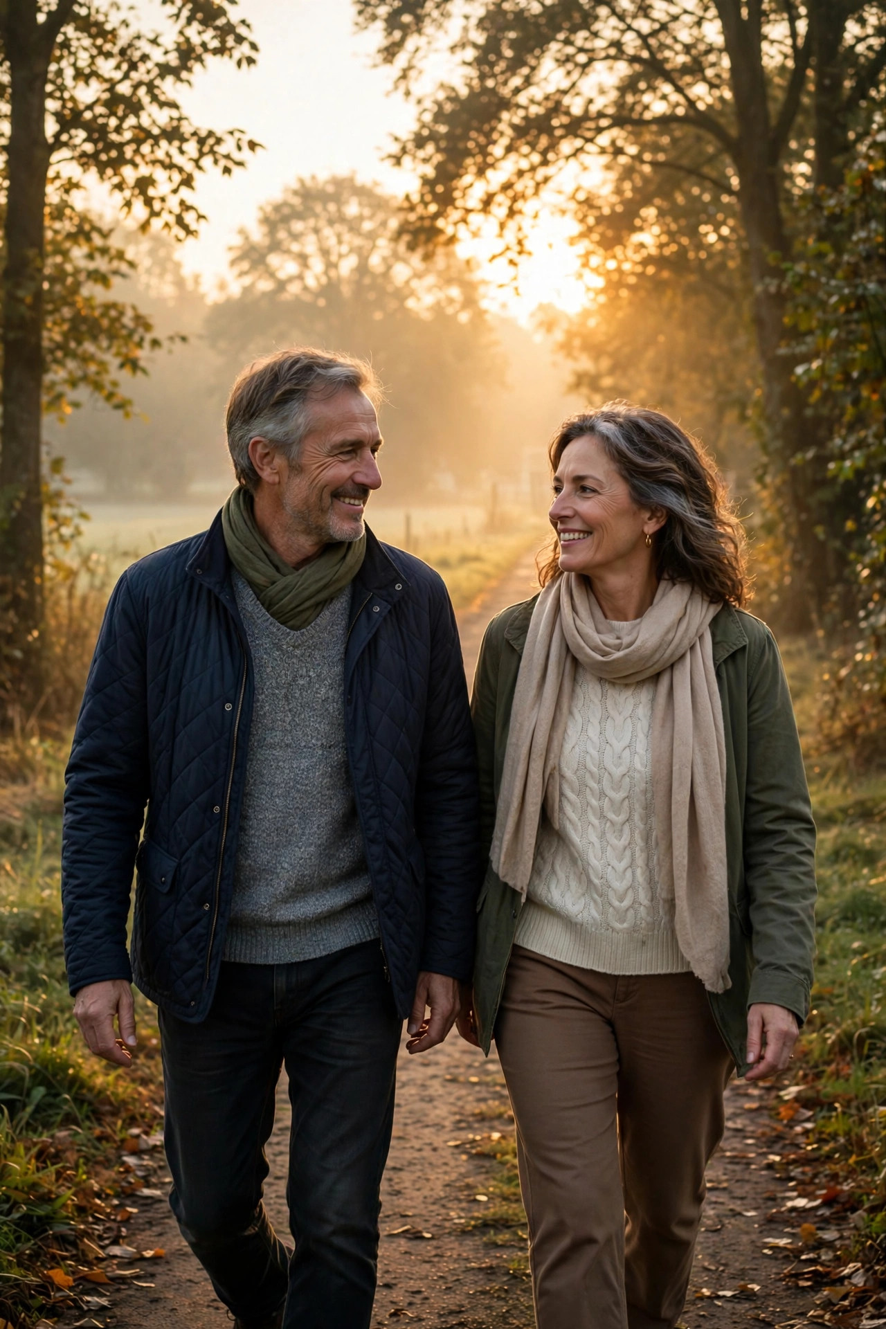Couple in their 50s walking peacefully together at sunrise, full of grace