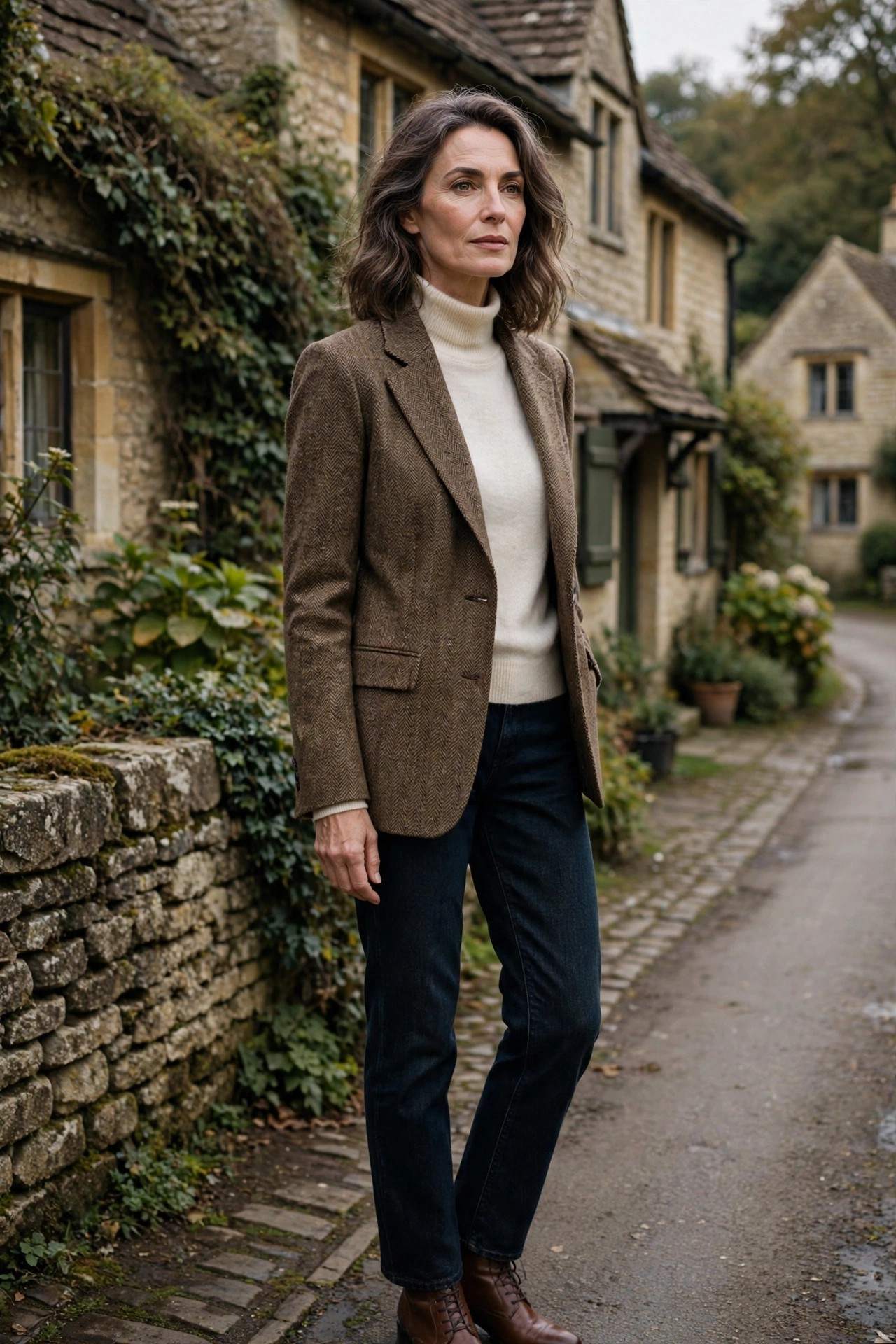 Elegant woman in her 50s in a brown tweed blazer and cream roll-neck on an English village lane