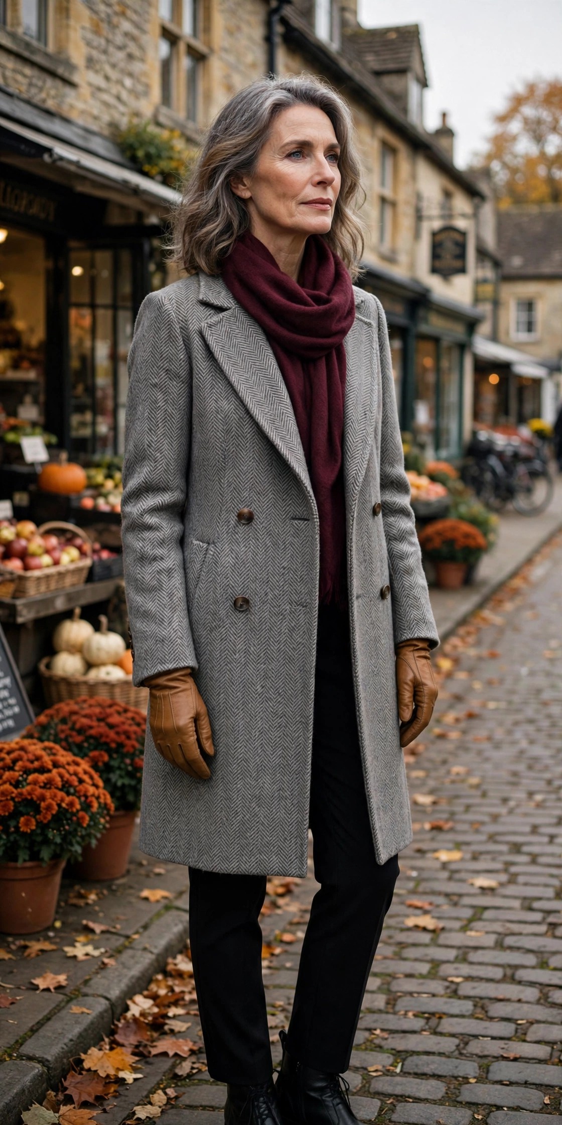 Woman over 50 in a grey herringbone coat with a burgundy cashmere scarf in a market town