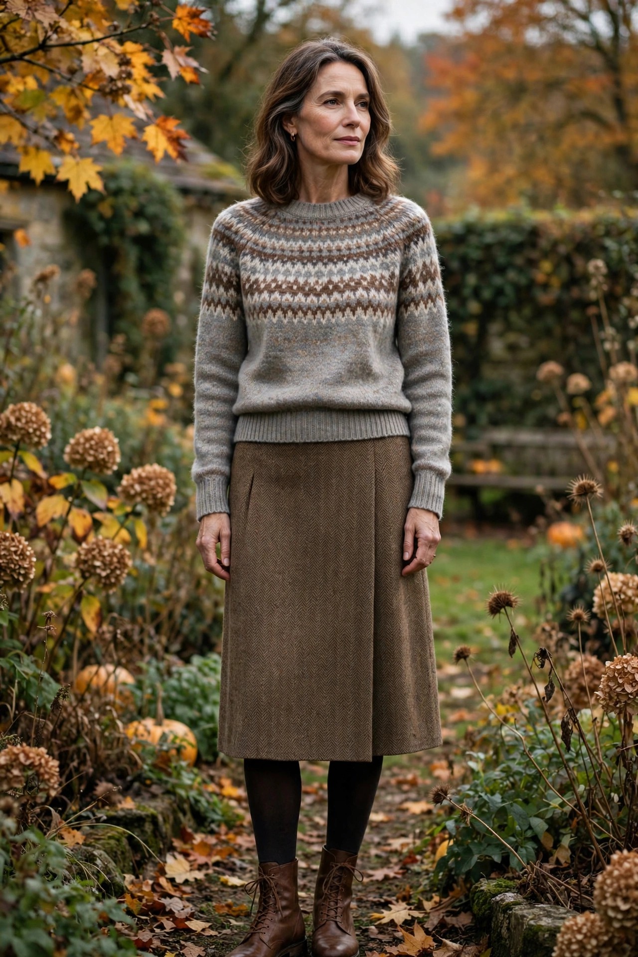 Mature woman in a tweed midi skirt and Fair Isle sweater in an autumn countryside garden