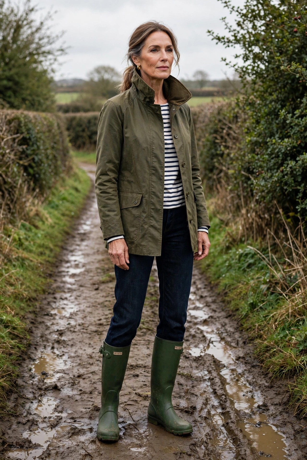 Stylish woman over 50 in an olive waxed jacket and green wellies on a muddy footpath