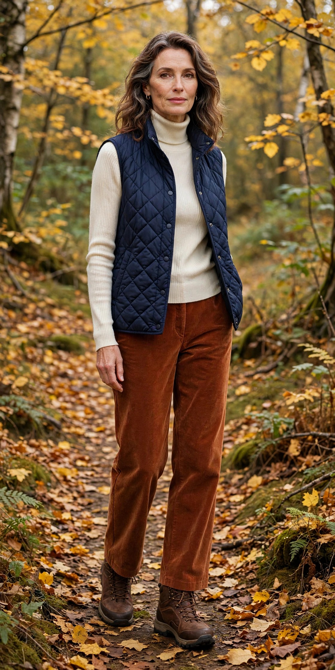 Woman in her 50s in a navy quilted gilet and rust corduroy trousers on a woodland path