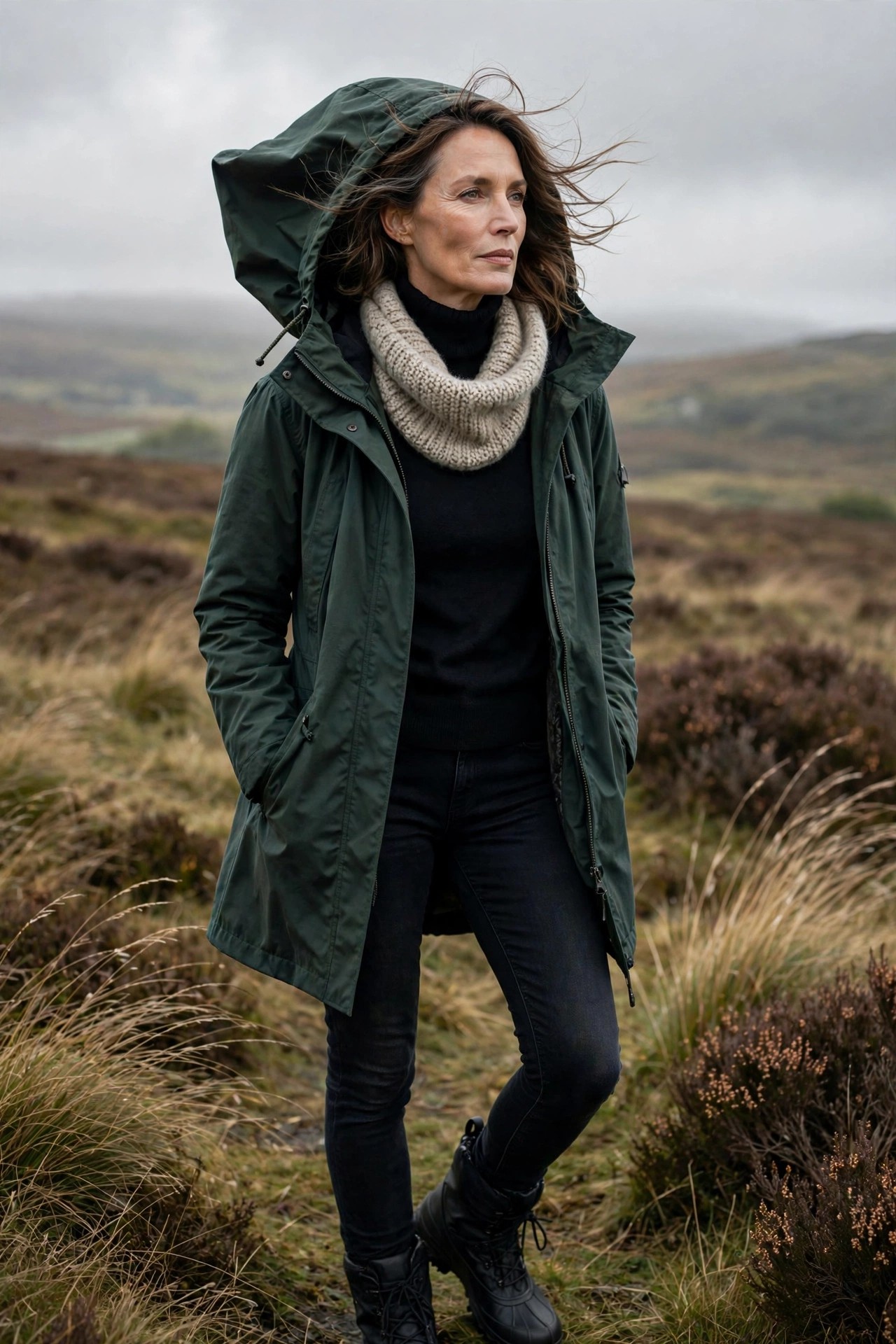 Woman over 50 in a dark green hooded parka and black turtleneck on windswept moorland