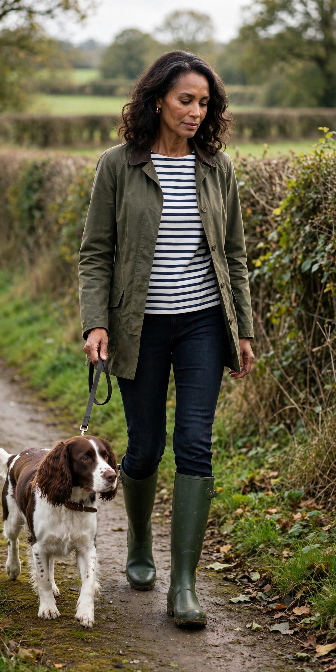 Elegant woman in her 50s in green wellies and a Breton top walking a country lane with a dog