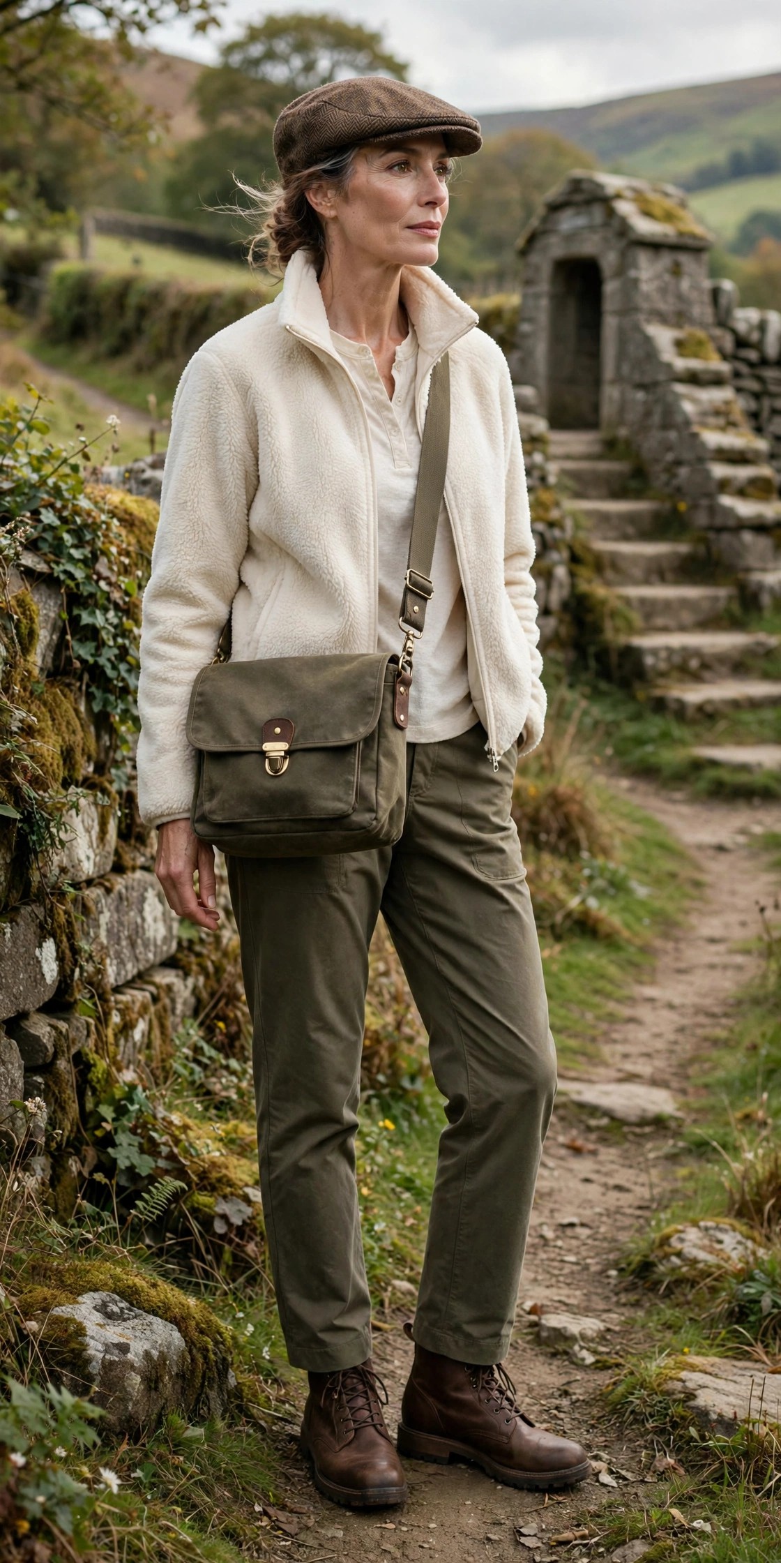 Mature woman in walking boots, waxed trousers and a tweed flat cap on a hiking footpath