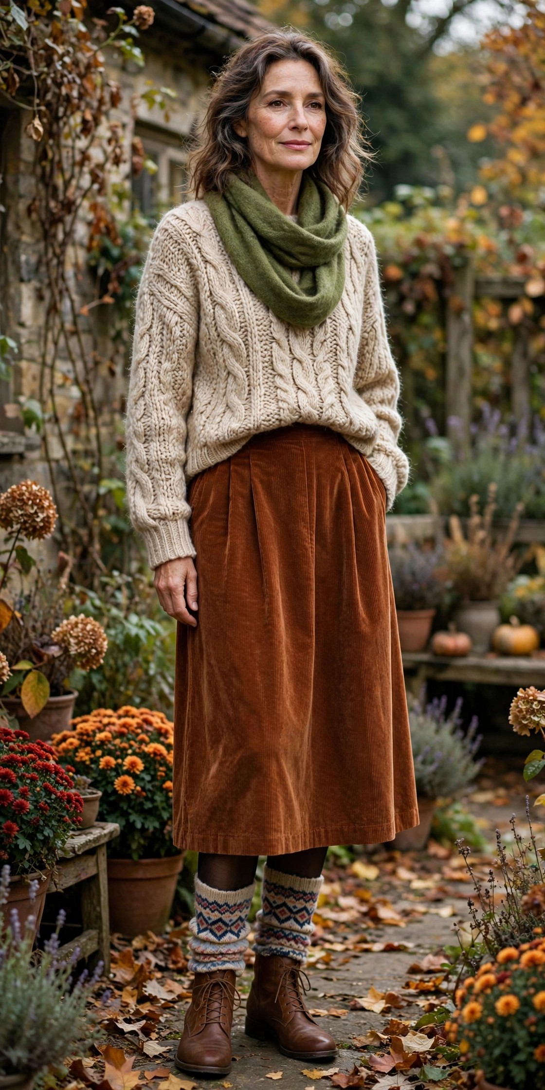 Woman over 50 in a rust corduroy skirt with Fair Isle socks in a cottage garden